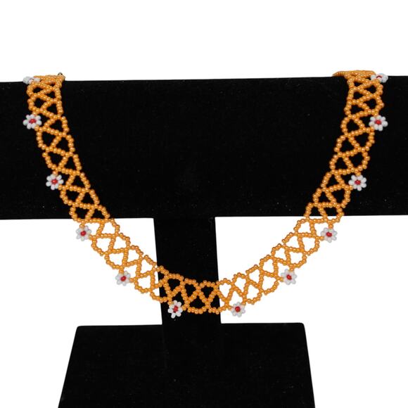 Handmade Collar Length Beaded Necklace Orange & White - Picture 1 of 6